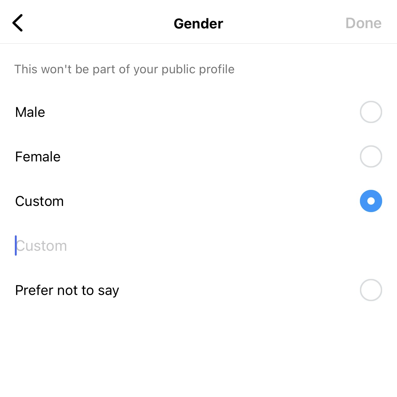 Optional gender form containing the options: male, female, custom, prefer not to say.